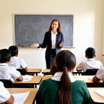 **A woman confidently teaching a diverse group of students in an international school classroom. Bright, multicultural environment.**