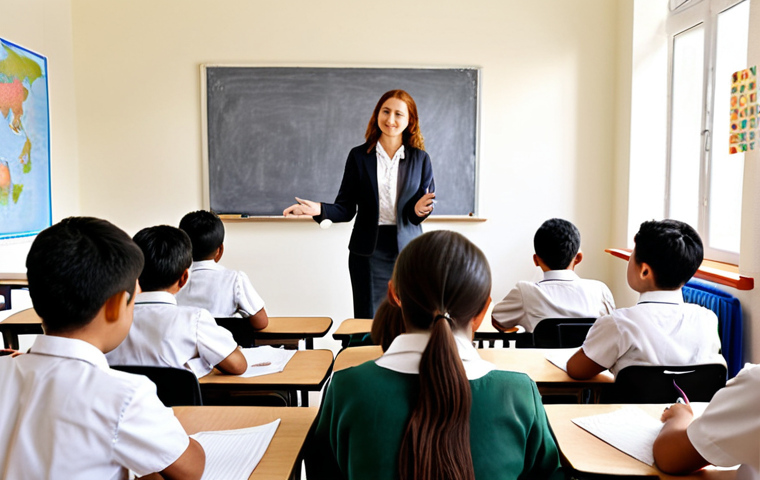**A woman confidently teaching a diverse group of students in an international school classroom. Bright, multicultural environment.**