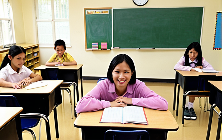 **

A TESOL teacher preparing a classroom. The image should feature diverse students. Focus on the teacher arranging desks, putting up visual aids, and creating a welcoming, positive learning environment. Keywords: "TESOL teacher," "classroom preparation," "diverse students," "welcoming environment," "positive learning."

**