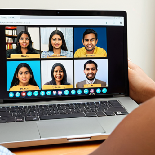 Home 23 A professional and confident individual of South Asian descent, comfortably teaching English online from a warm, inviting home office. They are engaged in a video call on a laptop, showing a diverse student on the screen, symbolizing global connection and remote work flexibility. Emphasize a bright, supportive environment that conveys empowerment and financial stability.