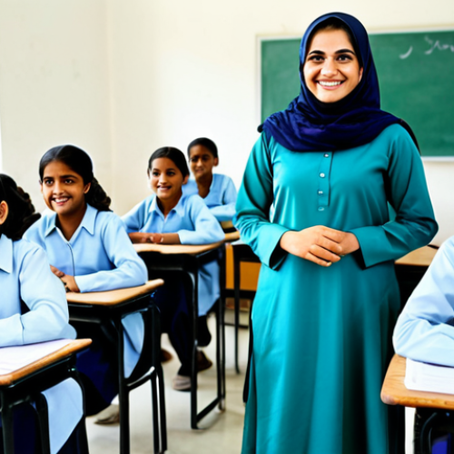Home 22 **
"A professional female teacher, fully clothed in modest, professional attire (perhaps a shalwar kameez or a modest dress), smiling warmly in a bright and welcoming classroom setting. Students are visible in the background, engaged in learning. Safe for work, appropriate content, family-friendly. Perfect anatomy, correct proportions, well-formed hands, natural pose, high quality, professional photography."
**