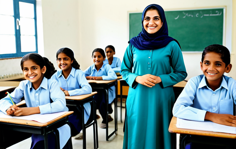 **

"A professional female teacher, fully clothed in modest, professional attire (perhaps a shalwar kameez or a modest dress), smiling warmly in a bright and welcoming classroom setting.  Students are visible in the background, engaged in learning. Safe for work, appropriate content, family-friendly.  Perfect anatomy, correct proportions, well-formed hands, natural pose, high quality, professional photography."

**