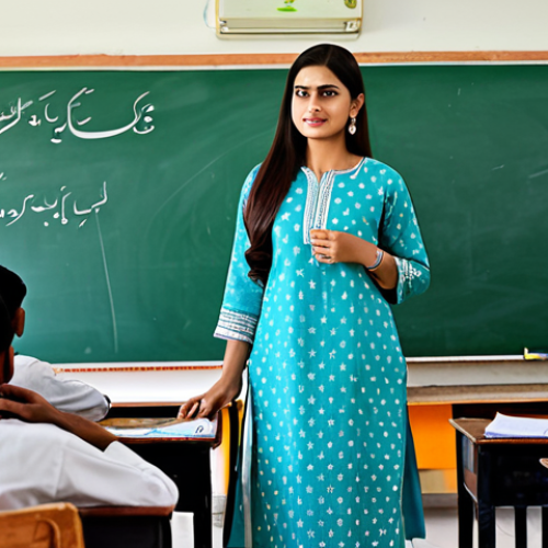 Home 9 A confident female teacher in a vibrant classroom setting in Lahore, wearing a traditional shalwar kameez, interacting with students who are actively engaged in learning English. The whiteboard displays Urdu and English words together. Depict the scene with natural light and ensure that it’s safe for work.