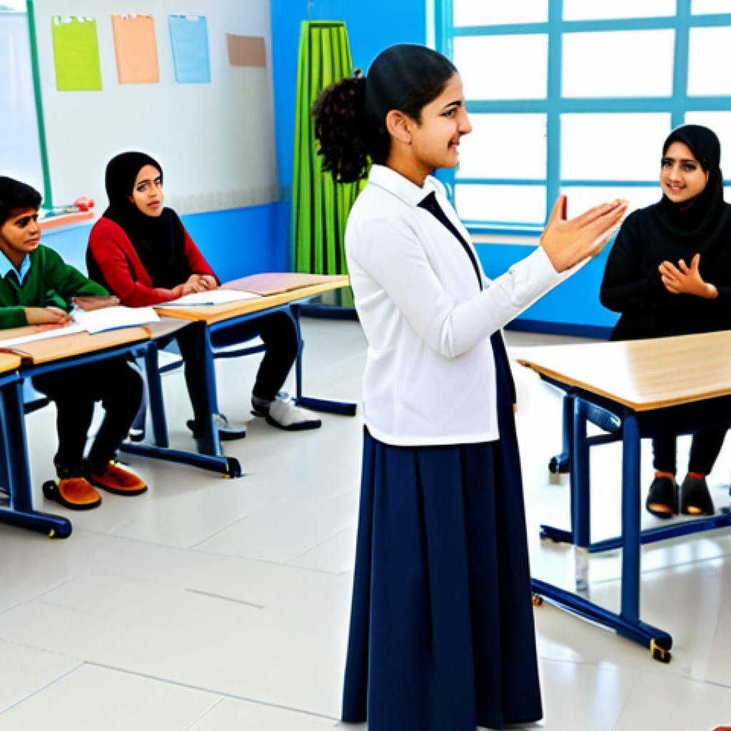 **Image:** A diverse group of students in a bright, modern classroom, fully clothed in modest attire, participating in a lively Urdu language role-playing activity. The teacher, a kind-looking individual in professional dress, is facilitating the exercise. Safe for work, appropriate content, perfect anatomy, correct proportions, natural pose, well-formed hands, proper finger count, family-friendly, high quality.