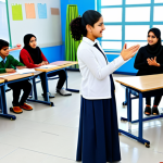 **Image:** A diverse group of students in a bright, modern classroom, fully clothed in modest attire, participating in a lively Urdu language role-playing activity. The teacher, a kind-looking individual in professional dress, is facilitating the exercise. Safe for work, appropriate content, perfect anatomy, correct proportions, natural pose, well-formed hands, proper finger count, family-friendly, high quality.