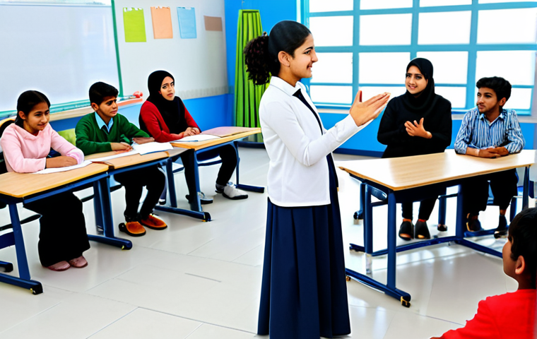 **Image:** A diverse group of students in a bright, modern classroom, fully clothed in modest attire, participating in a lively Urdu language role-playing activity. The teacher, a kind-looking individual in professional dress, is facilitating the exercise. Safe for work, appropriate content, perfect anatomy, correct proportions, natural pose, well-formed hands, proper finger count, family-friendly, high quality.